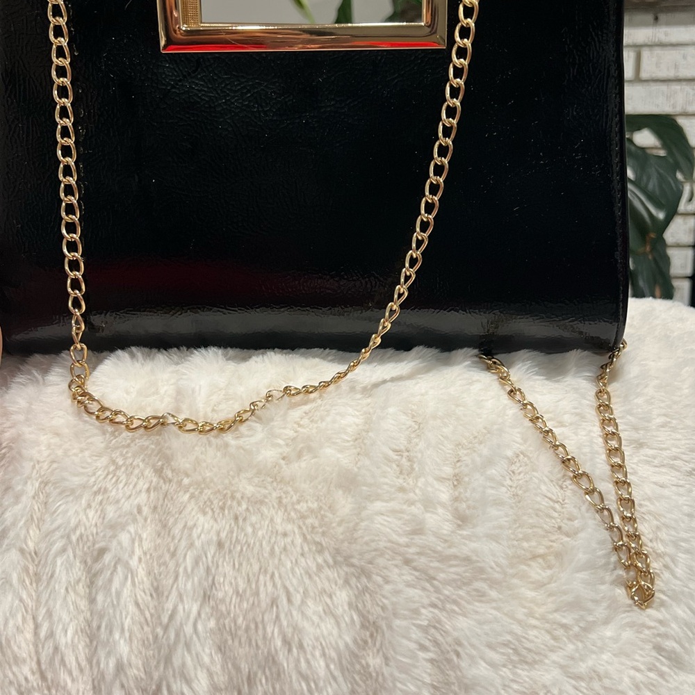 Black Patent Crossbody Bag with Gold Chain